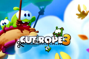 Cut the Rope 3 official artwork showing the main characters in a hot air balloon.