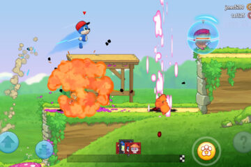 Racers jumping over platforms and using power-ups in Fun Run 4.