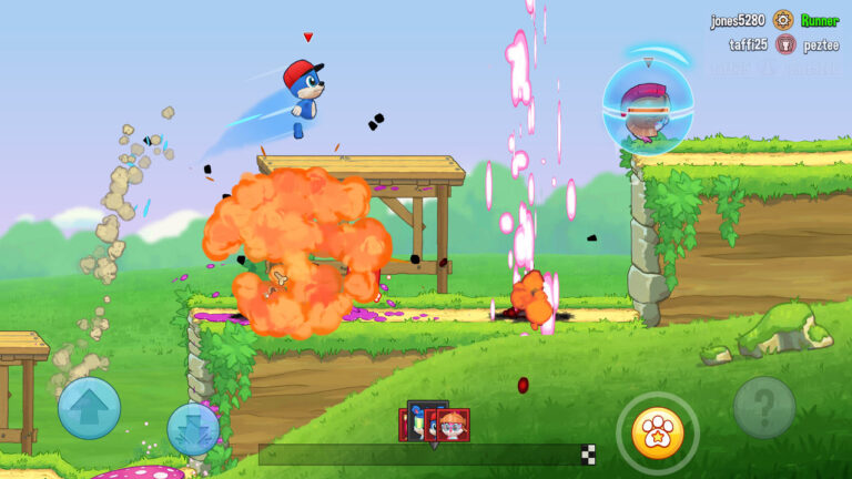 Racers jumping over platforms and using power-ups in Fun Run 4.
