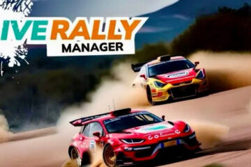 Live Rally Manager official artwork depicting two cars racing on a sandy track.