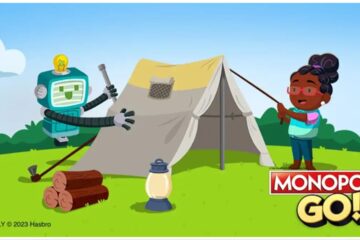 The image shows a robot and a woman setting up a tent in the wilderness. It is a sunny day and they both look really happy to be exploring together. The monopoly GO logo is in the bottom right