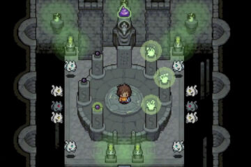 Feature image for our Coromon Tier List. Image shows a dark room with a pixelated boy stood in a circle with candles around him and little ghost creatures.