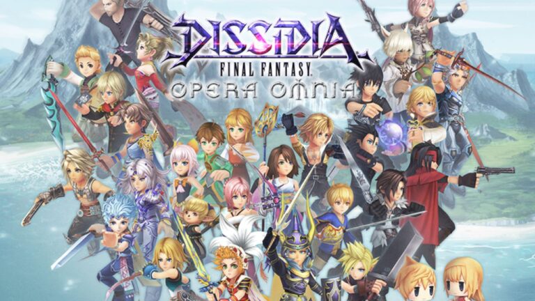 Featured Image for Dissidia Final Fantasy Opera Omnia. It featured multiple characters from the game holding swords and other weapons. The logo is on top in purple, pink and bronze.