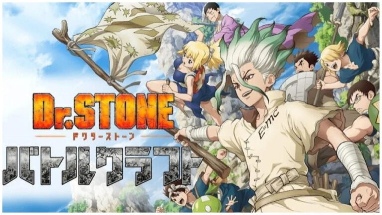 Featured Image for Dr.STONE Battle Craft. It features Senku, Kohaku, Ginro, Gen and others.