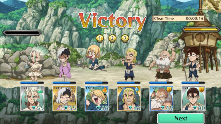 Feature image for our Dr. Stone Battle Craft Tier list. Image shows a battle screen with different characters and their icons at the bottom, with the words 'victory' at the top.