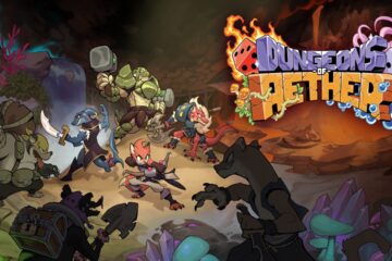 Featured Image for Dungeons of Aether. It featured the four heroes fighting monsters and enemies in the dungeons. It also has the fiery logo on the top right.