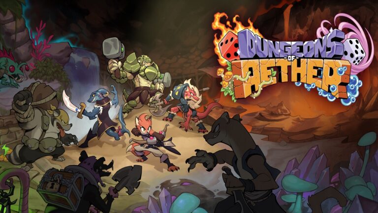 Featured Image for Dungeons of Aether. It featured the four heroes fighting monsters and enemies in the dungeons. It also has the fiery logo on the top right.