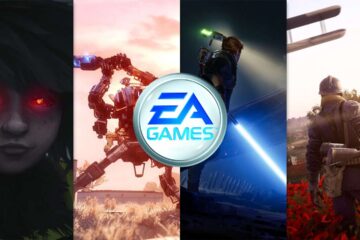 Featured Image for EA Games. It features the EA Games logo in the middle. On the background, there are screenshots of four titles by EA Games