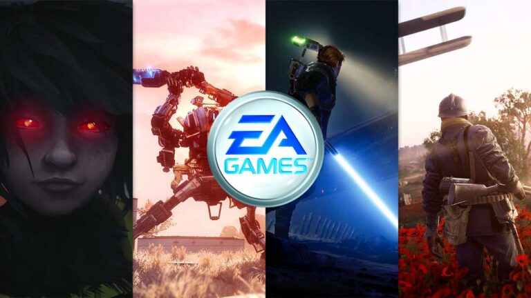 Featured Image for EA Games. It features the EA Games logo in the middle. On the background, there are screenshots of four titles by EA Games