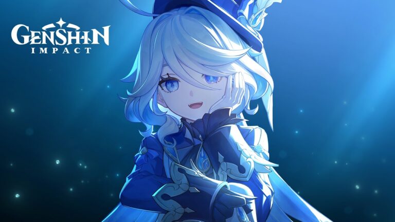 The image shows a girl facing toward the viewer with a soft smile, with one hand resting against her cheek. She is wearing a blue cloak and matching hat and given the angle of the lighting and deep blue atmosphere behind her appears to be under the water. The Genshin Impact game logo is in white text at the upper left corner of the illustration.