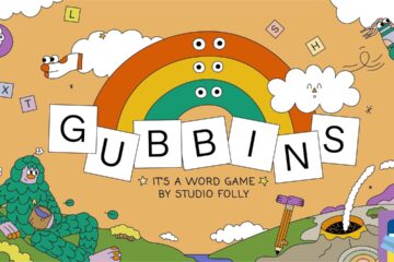 Featured Image for Gubbins, the game. It features the logo of Gubbins with a colourful background full of doodles of clouds, rainbows, trees.