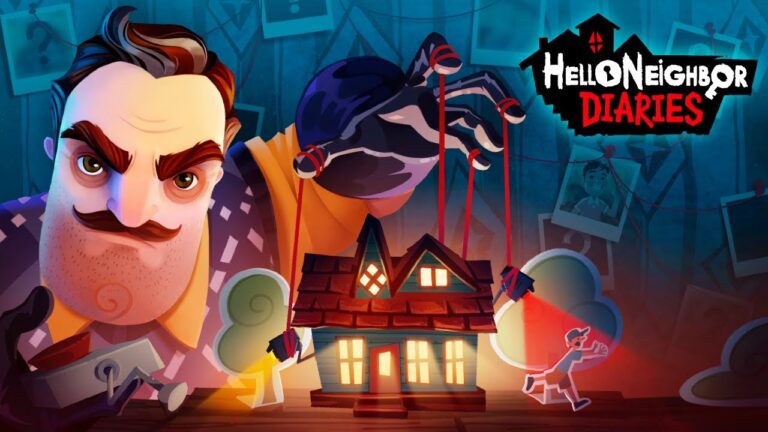 Featured Image for Hello Neighbor Nicky’s Diaries. The image shows the main character of the series, the Neighbor who is holding his creepy house as a marionette.