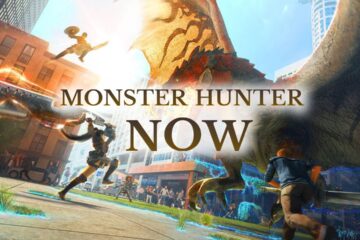 Featured Image for Monster Hunter Now. It features a hunter about to slash a big monster. There is an orange concrete structure in the background.