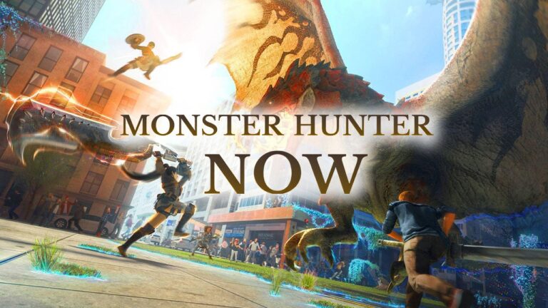 Featured Image for Monster Hunter Now. It features a hunter about to slash a big monster. There is an orange concrete structure in the background.
