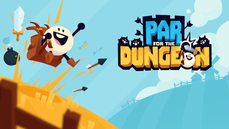 Featured Image for Par for the Dungeon, the game. It features Cal, the golf ball, and a lot of arrows, aiming for a smooth landing. The logo of the game is on the right in blue, white and yellow.