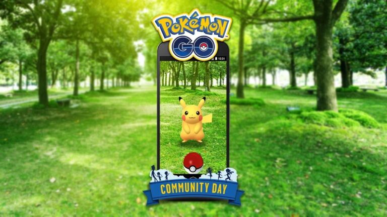 Featured Image for Pokémon Go Community Day. It features Pikachu standing in a land with green grass and trees.
