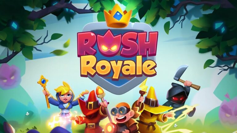 Featured Image for Rush Royale, the tower defense game. It features multiple characters of the game with the vibrant logo and a crown on top.