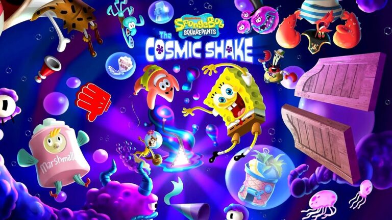 Featured Image for SpongeBob SquarePants: The Cosmic Shake. It features SpongeBob and Patrick whirling in a purplish pink universe with some other characters trapped in bubbles.
