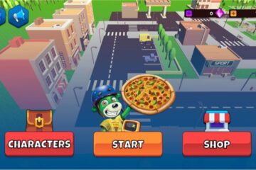 Featured Image for The Cheese Chase. It features a character from the game holding a big pizza. On the background, there is a road with zebra crossings, some trees and a few buildings.
