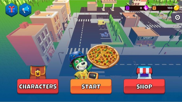 Featured Image for The Cheese Chase. It features a character from the game holding a big pizza. On the background, there is a road with zebra crossings, some trees and a few buildings.