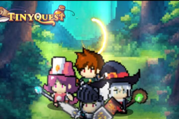 Feature image for our Tiny Quest: Idle RPG Tier List. Image shows a pixelated forest with a half moon and four small pixel characters.