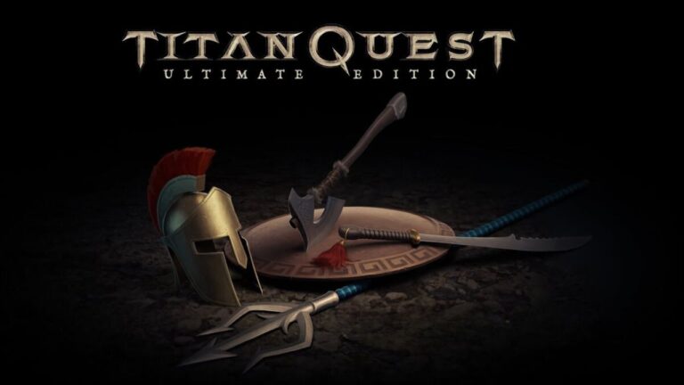 Featured Image for Titan Quest: Ultimate Edition. It features the game logo on top in a burnt golden colour. There is some armour from the game, an axe, a great helm and more.