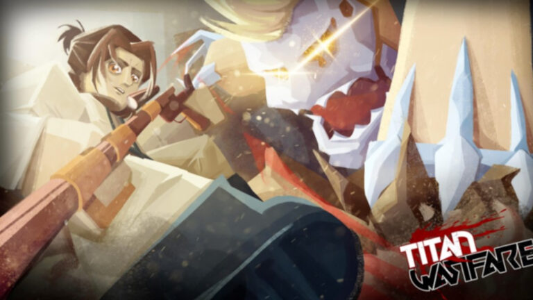 Feature image for our Titan Warfare Bloodlines Tier List. Image shows a Roblox character with brown hair fighting a titan.