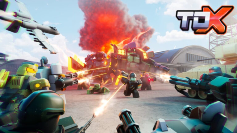 Feature image for our Tower Defense X Tier List. Image shows Roblox characters shooting at a machine.