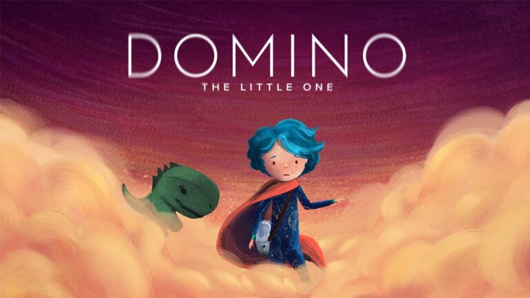 Featured Image for Domino The Little One. The image shows Domino, the protagonist of the game amidst clouds. He has a green Dinosaur-like creature with him.