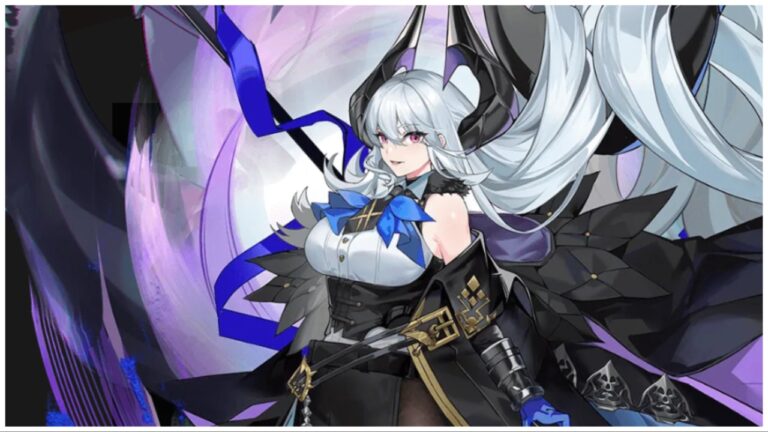 the image shows a character from the game who has dark black horns from her head. She has blue hair and her whole vibe is kind of "dragon".