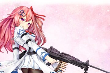 Featured Image for Girls' Frontline. It features the T-Doll named Negev with a gun. She has her signature pink hair and the background is pink too.