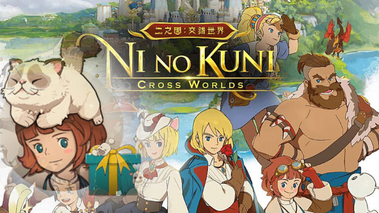 Featured Image for Ni no Kuni: Cross Worlds. It features Swordsman, Witch, Engineer, Destroyer and others with the golden logo on top.