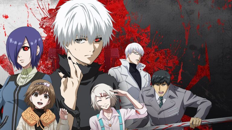 Featured Image for Tokyo Ghoul Break the Chains. It features several characters like Ken Kaneki, Touka Kirishima and others against a red-splattered background.