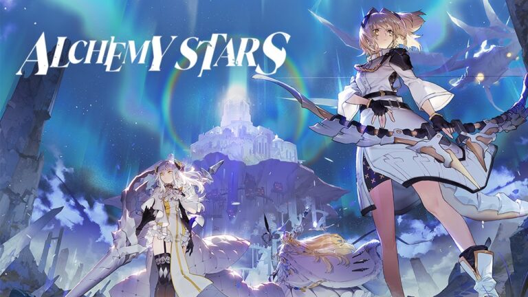 Featured Image for Alchemy Stars. It features a blue, icy background, depicting the Aurora, and a few characters on the front.