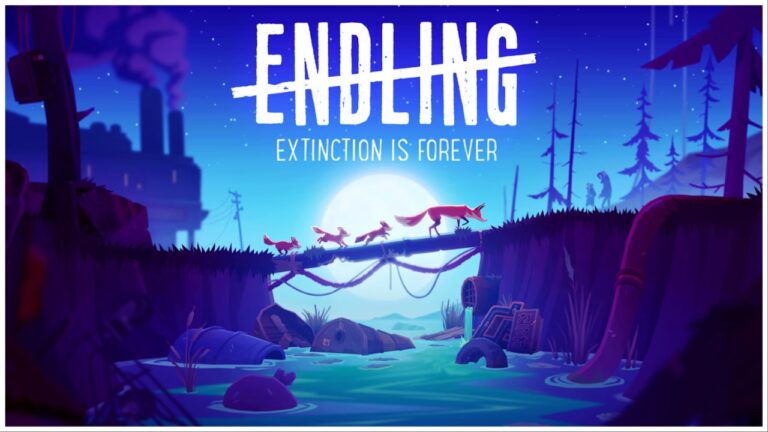 Poster for Endling: Extinction is Forever featuring the mother fox crossing over a bridge followed by her three pups. A bright full moon can also be seen in the predominantly blue background.