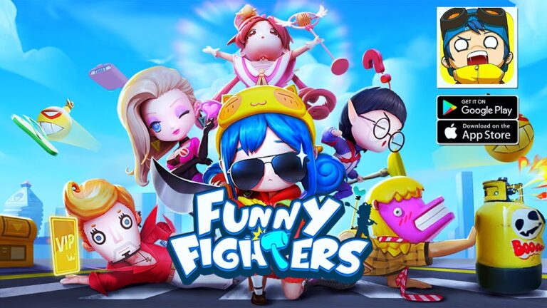 Featured Image for our news on Funny Fighters: Battle Royale. It features a bunch of funky characters from the game with the logo in blue and white.