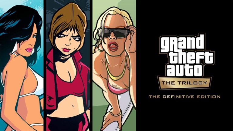 Featured Image for Grand Theft Auto The Trilogy - The Definitive Edition. It features three images from each of the three titles in the trilogy along with the logo in white and gold.