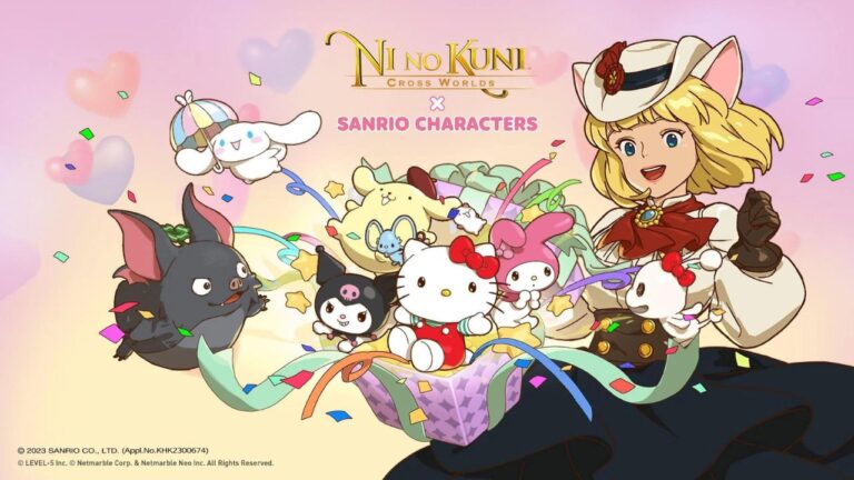Featured Image for our news on Ni no Kuni: Cross Worlds Welcome Sanrio. It features Sanrio characters like Hello Kitty, My Melody and Ni No Kuni characters like Marie.