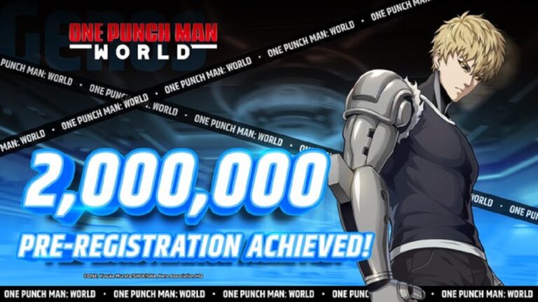 Featured Image for our news on One Punch Man: World. It features Genos and the 2 million pre--registration announcement.