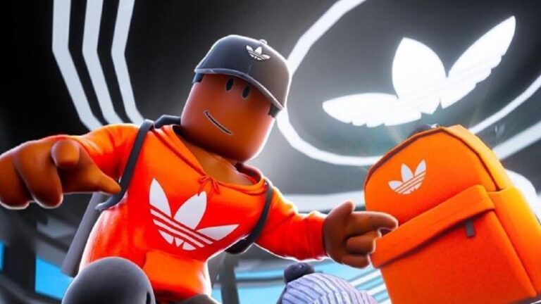 Featured Image for our news in Roblox Adidas. It features a Roblox character wearing an orange Adidas sweatshirt, a grey Adidas cap and an orange Adidas backpack.