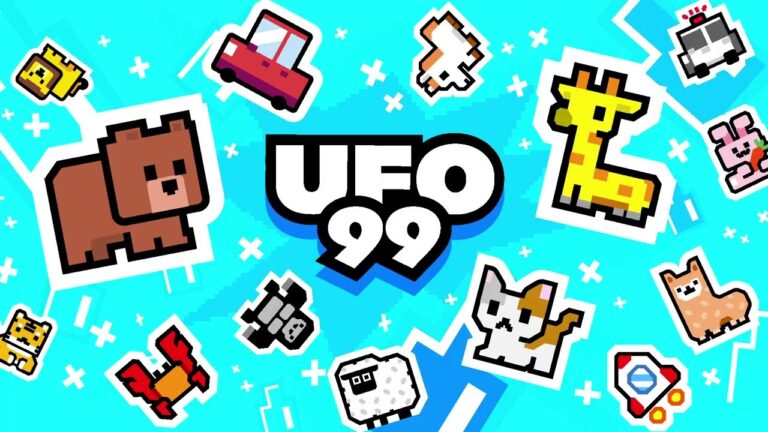 Featured Image for our news on UFO99. It features a bunch of colourful 2D characters from the game on a turquoise background.
