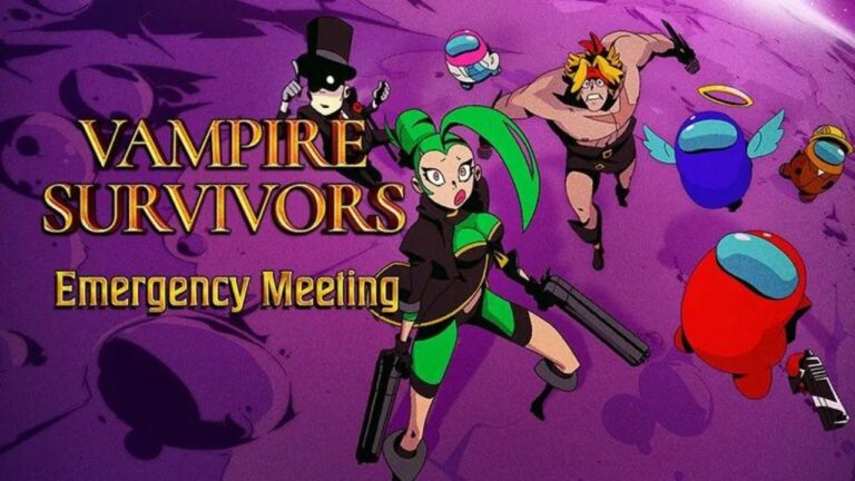 Featured Image for our news on Vampire Survivors Emergency Meeting and Among Us crossover. It features crewmates and other characters looking upward.