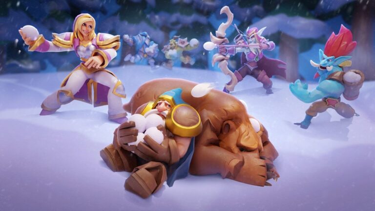 Featured Image for our news on Warcraft Rumble Season 2. It features Jaina Proudmore, Mountaineer and Huntress playing/fighting with snowballs.