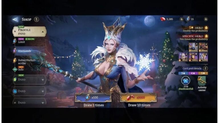 Featured Image for our news on Watcher of Realms. It features a new character wearing a blue dress with plunging neckline and white feathers, and a big golden crown.