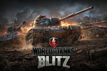 Featured Image for World of Tanks Blitz. It features three tanks with a fire burning in the background.