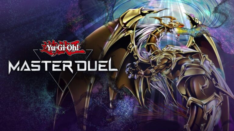 Featured Image for Yu-Gi-Oh! Master Duel. It features a monster from the game against a purple background. The logo of the game is at the left in red and white.