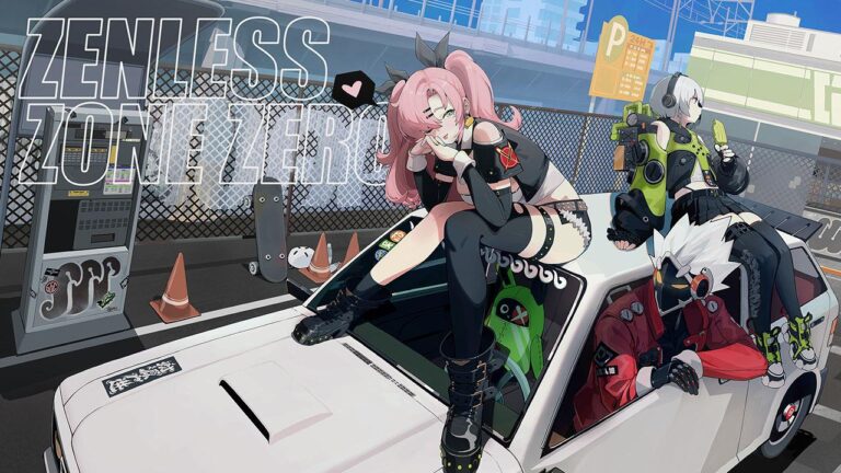 Featured Image for our news on Zenless Zone Zero. It features a character from the game sitting on top of a white care. She has pink hair.