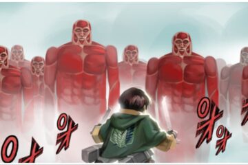 the image shows a roblox style illustration of eren from AoT with his back to the viewer wearing the green corps cape. Infront of him are an army of muscle titans who are headed toward him
