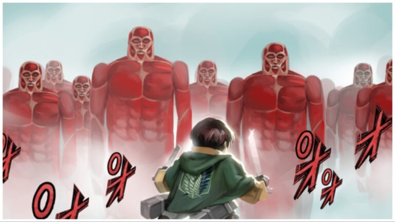 the image shows a roblox style illustration of eren from AoT with his back to the viewer wearing the green corps cape. Infront of him are an army of muscle titans who are headed toward him