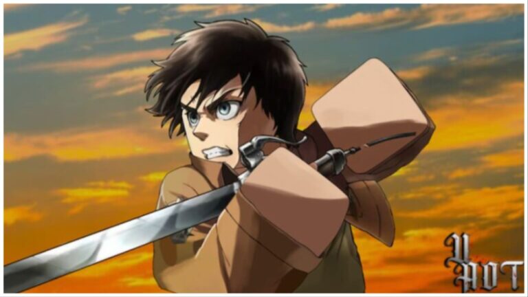 the image shows eren wielding a sword and facing to the side in the roblox blocky style. Behind him is an orange and blue sunrise and the game title is briefed in the bottom right as "U AOT"